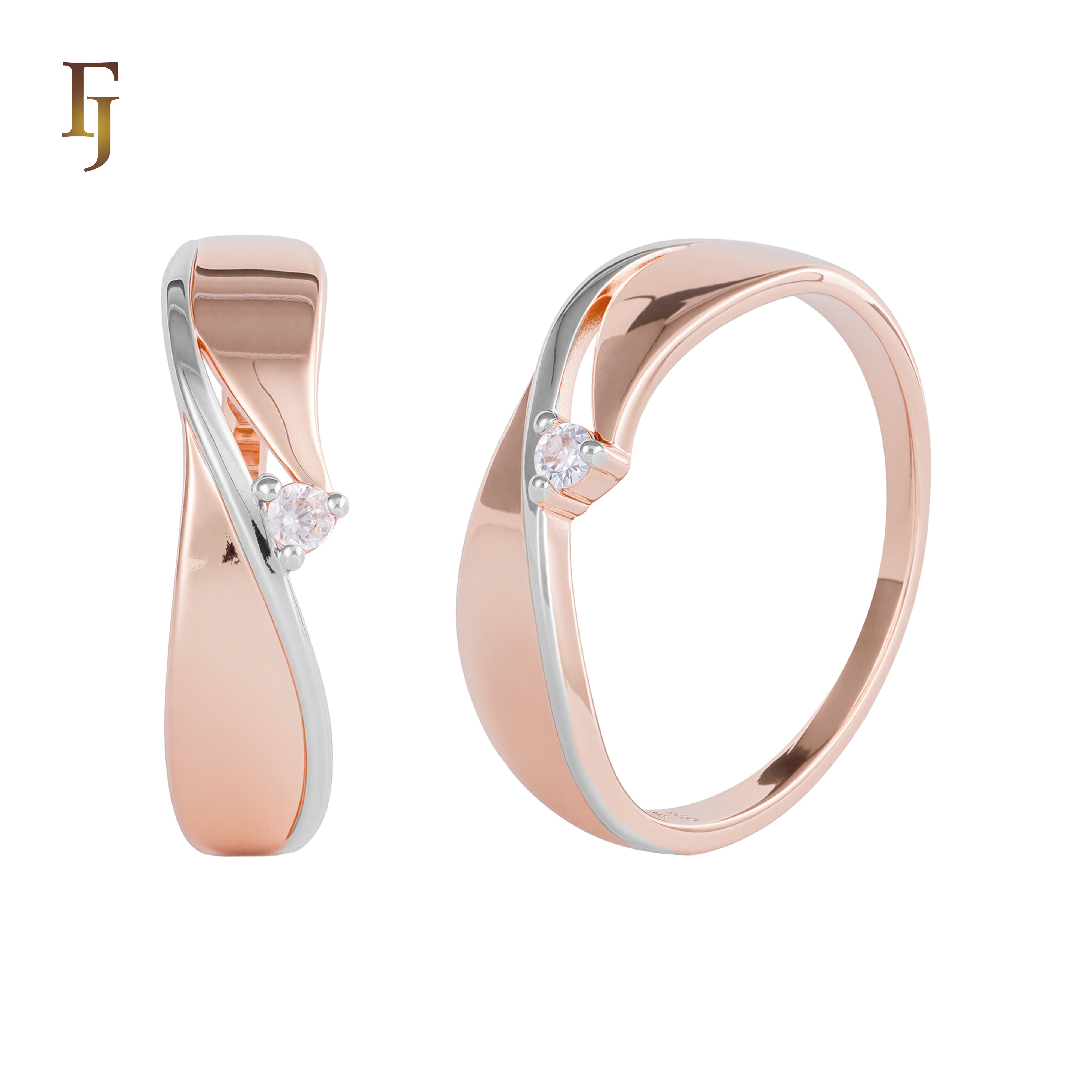 Rose Gold Wave Solitaire Ring with Round CZ – Elegant Promise Ring for Women | FJ Fallon Jewelry