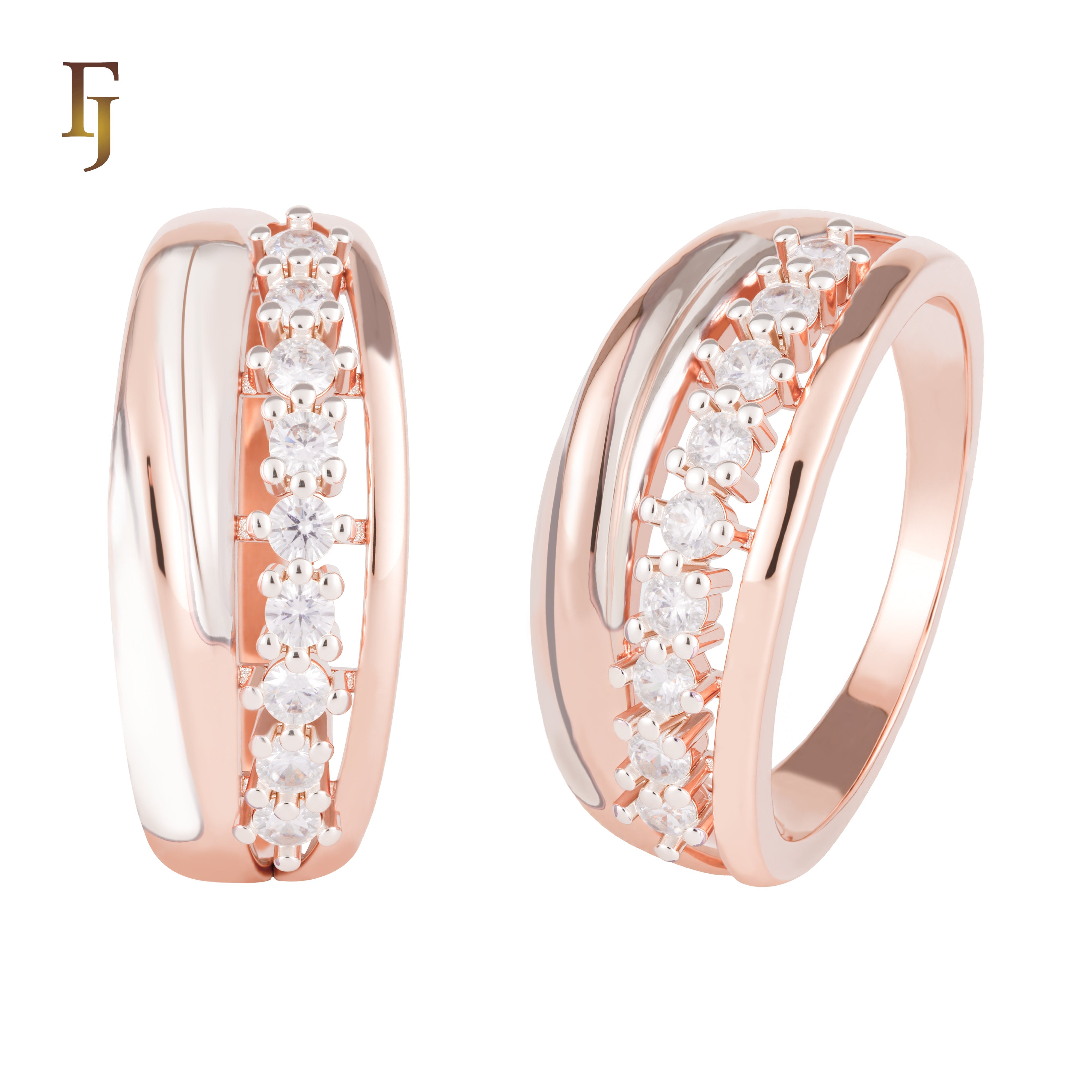 Two-Tone Rose Gold and Silver Band Ring with Sparkling CZ Accents – FJ Jewelry
