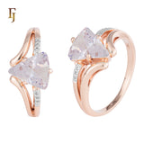 Rose Gold Plated Ring with Green Trillion Cut CZ and Wave Design Band | FJ Fallon Fashion Jewelry