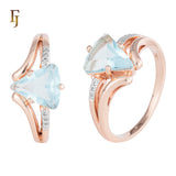 Rose Gold Plated Ring with Green Trillion Cut CZ and Wave Design Band | FJ Fallon Fashion Jewelry
