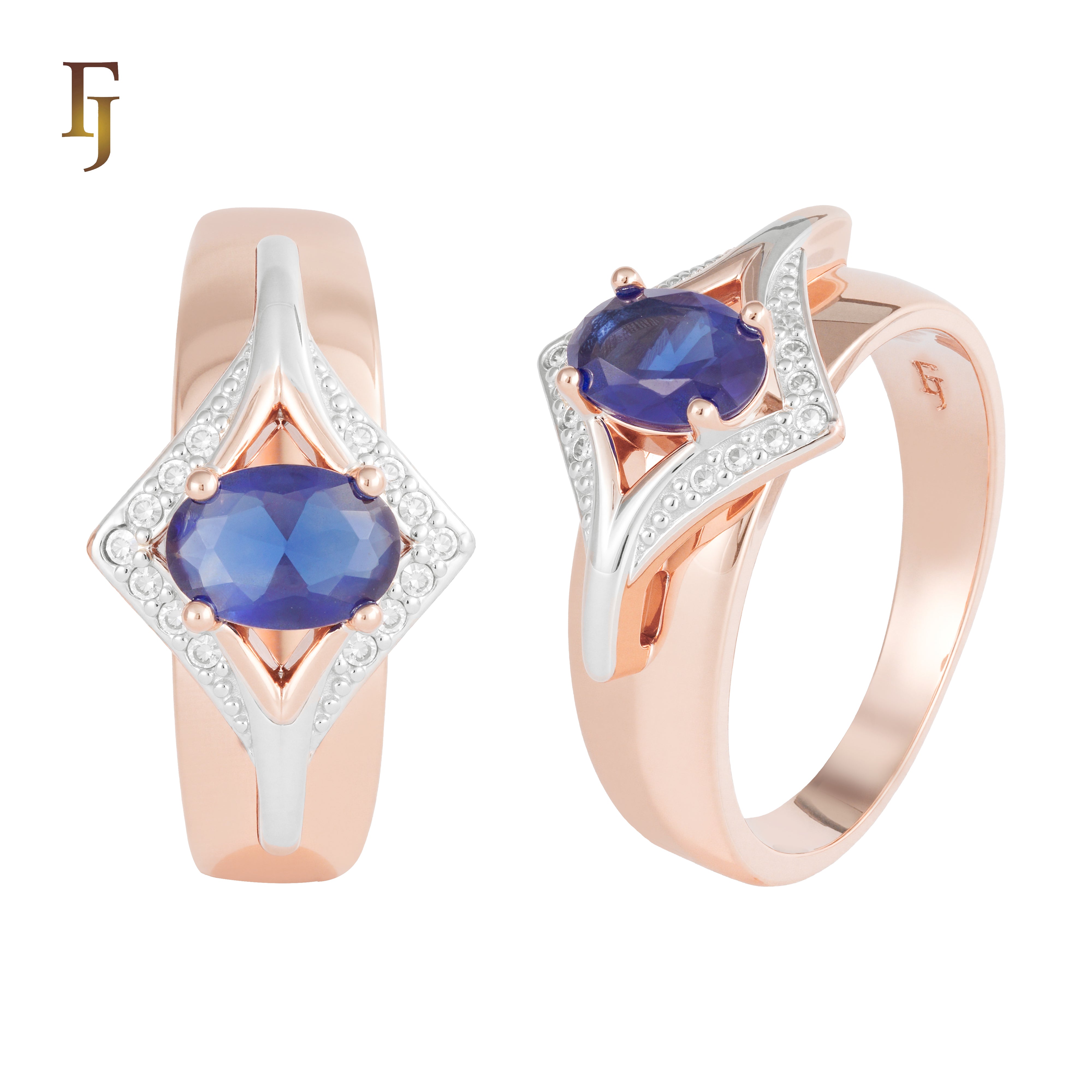 White Gold Plated Ring with Purple Blue Oval CZ and Geometric Frame | Elegant Fashion Jewelry | FJ Fallon