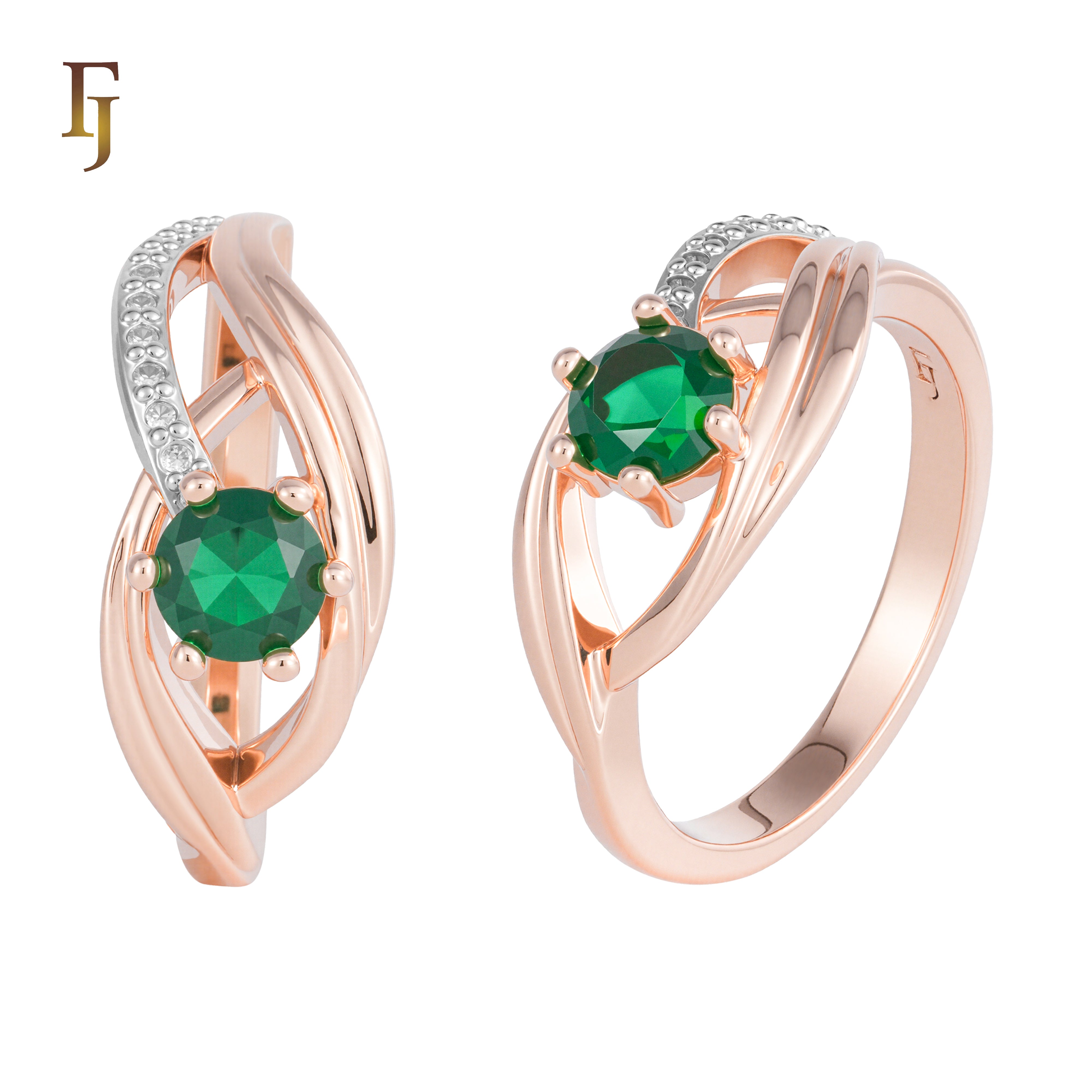 Silver Twist Band Ring with Green Round CZ and Pave Accents – FJ Jewelry