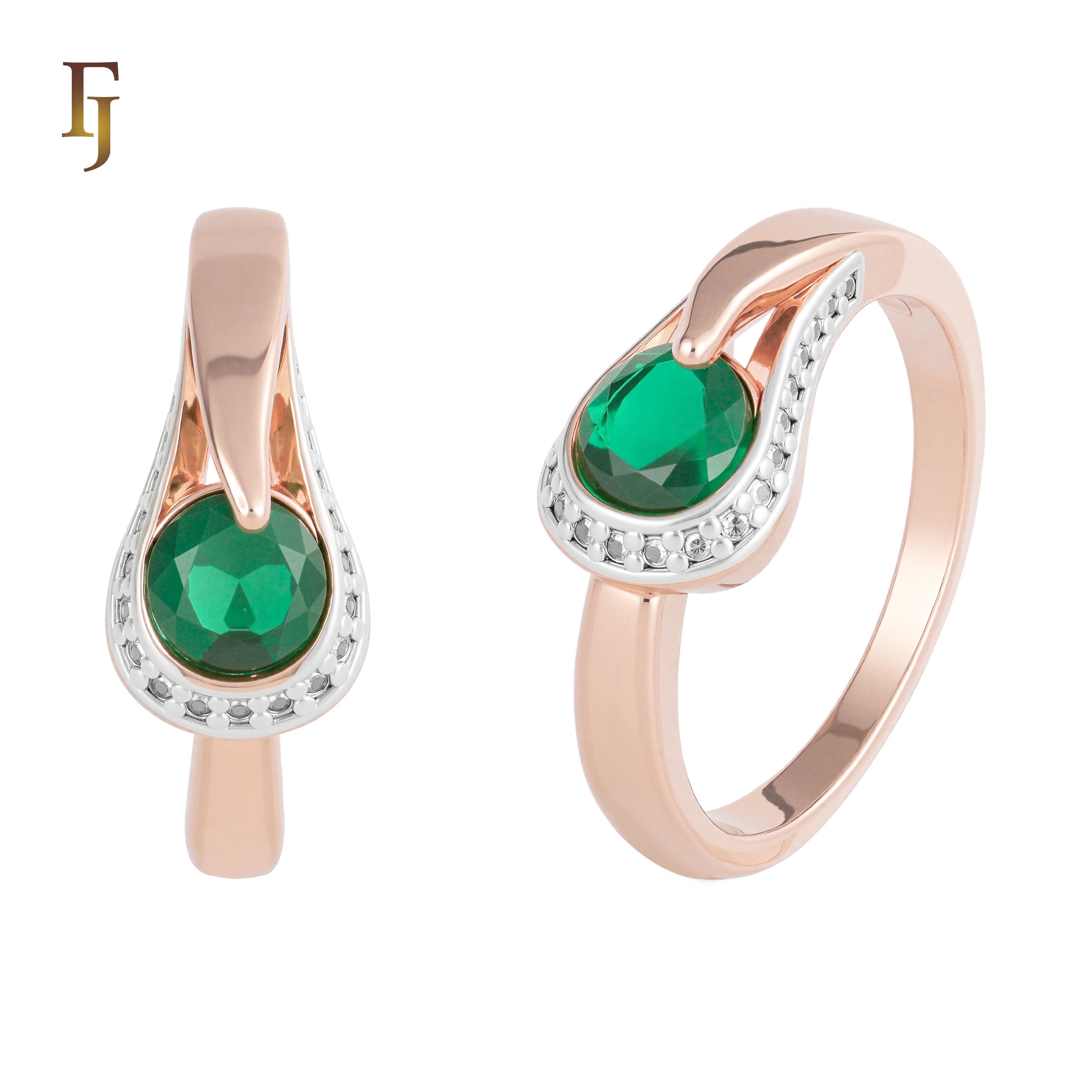 Rose Gold Emerald Green CZ Ring with Teardrop Wrap Design | Elegant Cocktail Ring | FJ Fallon Jewelry