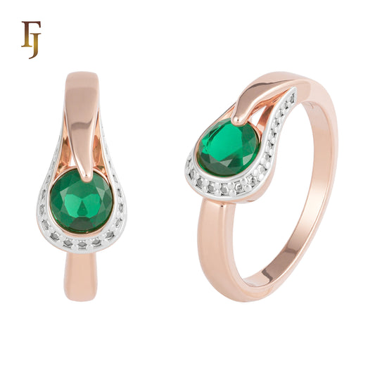 Rose Gold Emerald Green CZ Ring with Teardrop Wrap Design | Elegant Cocktail Ring | FJ Fallon Jewelry