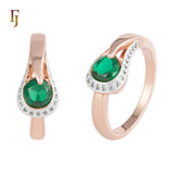 Rose Gold Emerald Green CZ Ring with Teardrop Wrap Design | Elegant Cocktail Ring | FJ Fallon Jewelry
