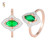 Rose Gold Ring with Marquise Green CZ and Pave Halo | Elegant Cocktail or Party Ring | FJ Fallon Jewelry