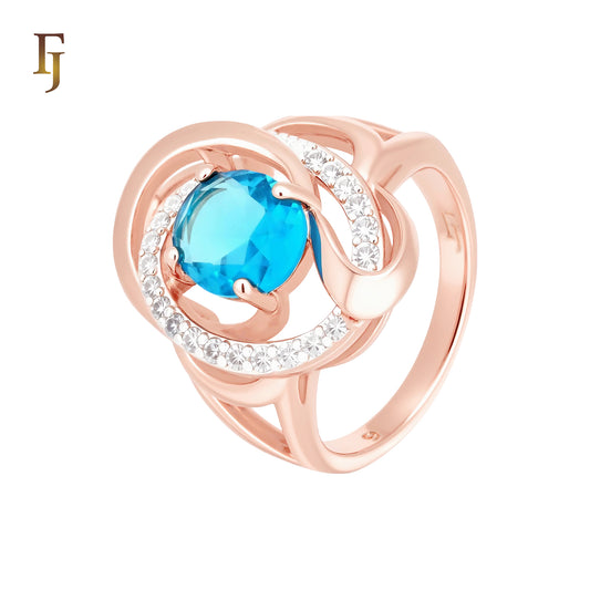 Blue Stone Swirl Flower Ring Rose Gold Plated Hypoallergenic Tarnish Resistant Jewelry FJ Fallon Jewelry