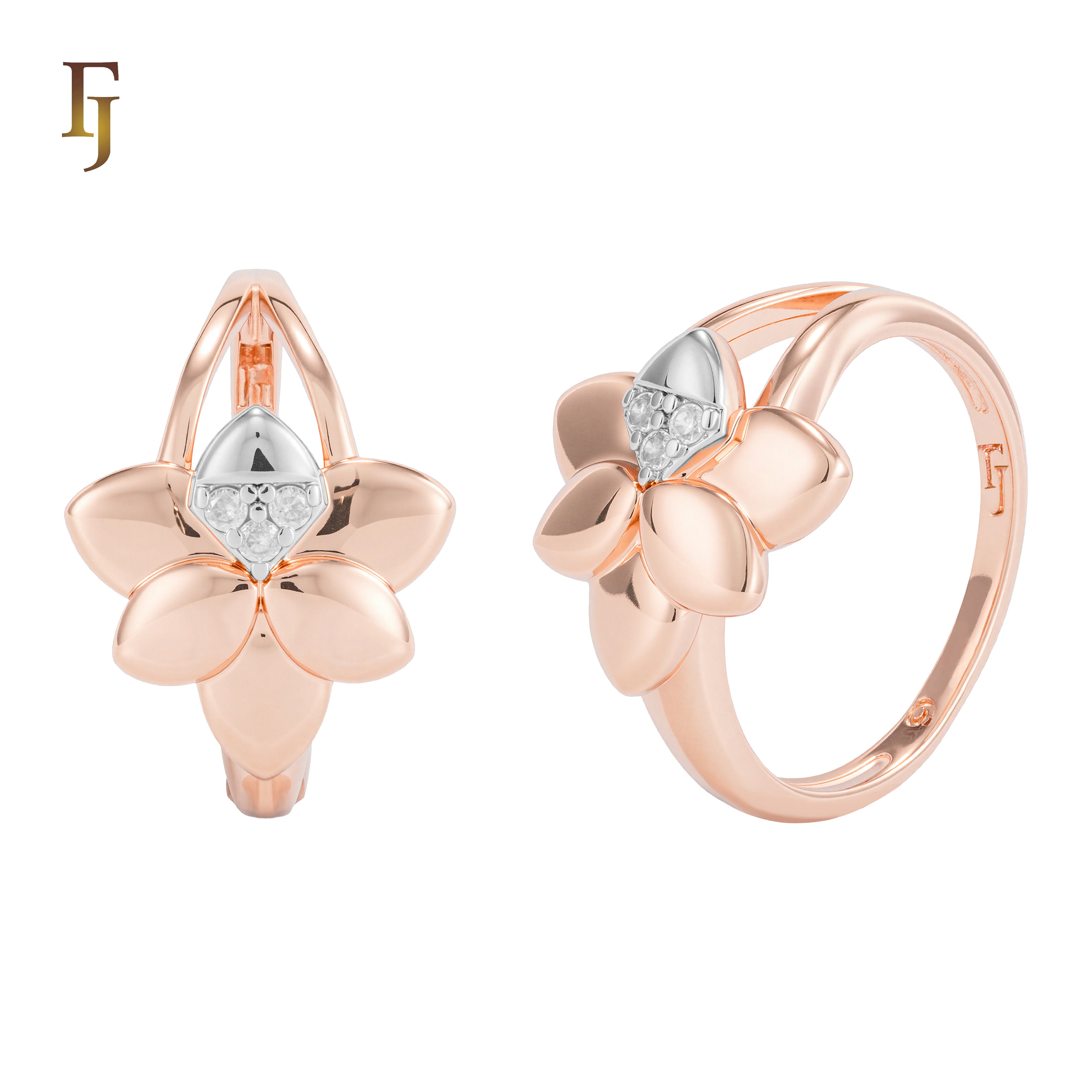Plumeria Blossom Russian Lock Earrings in Rose Gold with CZ Accents | FJ Jewelry