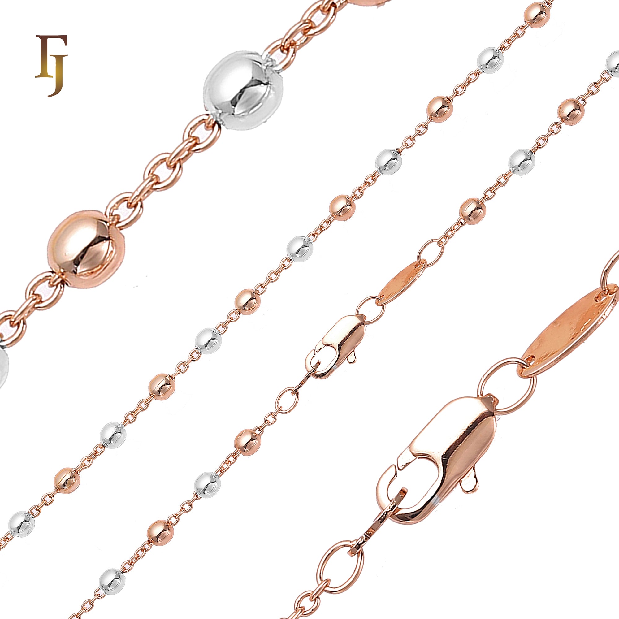 .Cable link beads chains plated in White Gold, 14K Gold, Rose Gold, two tone