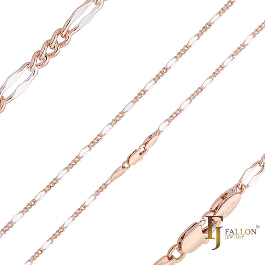 Thin Figaro Fancy cable link chains plated in 14K Gold, Rose Gold, two tone