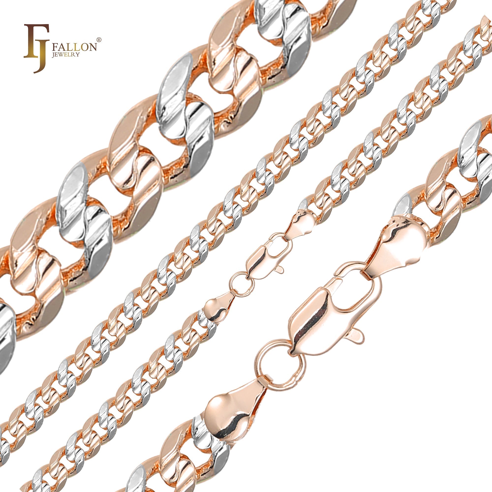Cadenas con doble ranura central de eslabones cubanos estilo clásico de Miami chapadas en oro de 14 quilates, oro rosa, dos tonos