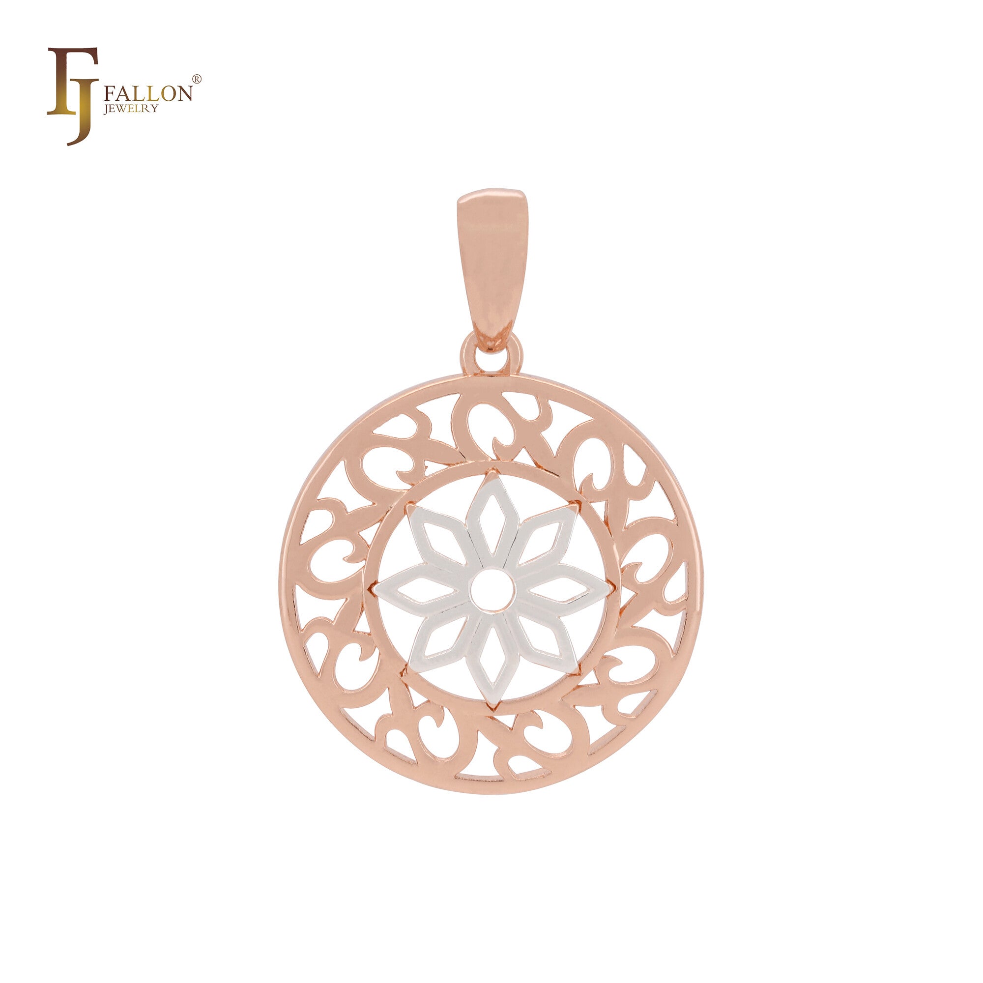Colgante circular de dos tonos en oro rosa con filigrana de flor de ocho pétalos