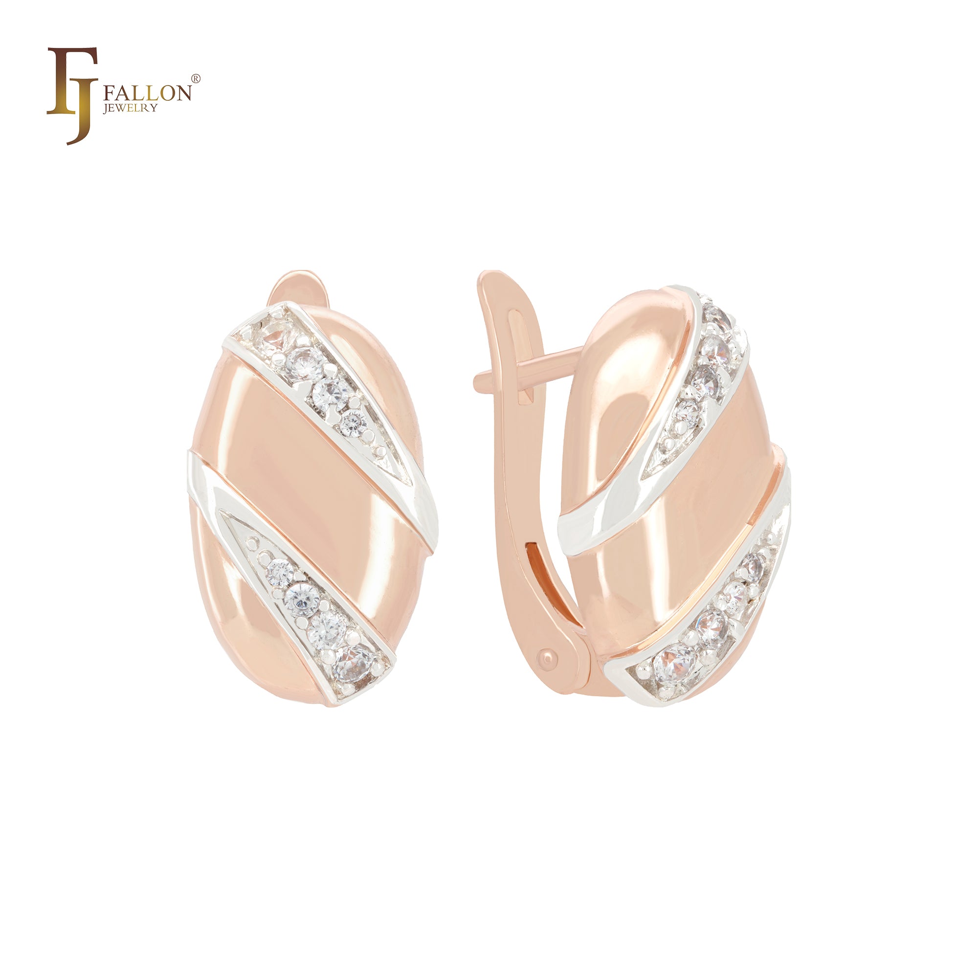 Geometric Oval beads of double white CZs slashes 14K Gold, Rose Gold two tone Clip-On Earrings