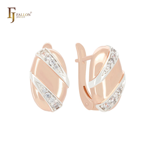 Geometric Oval beads of double white CZs slashes 14K Gold, Rose Gold two tone Clip-On Earrings