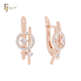 Circle of white CZs interlocking stars Rose Gold two tone Russian Lock Earrings