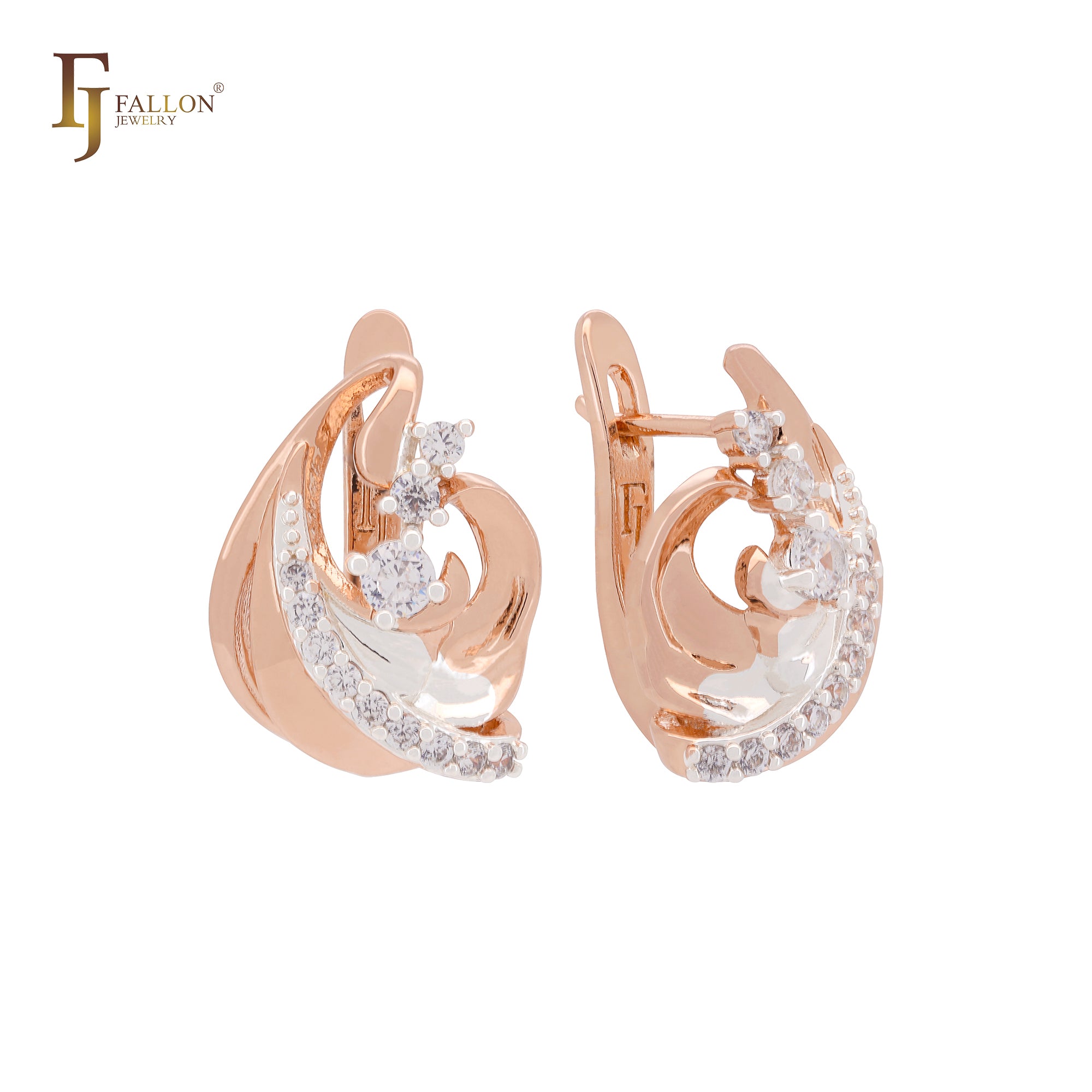 Wavy waves luxurious white CZs cluster Swan Queen Rose Gold two tone Russian Lock Earrings