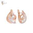Wavy waves luxurious white CZs cluster Swan Queen Rose Gold two tone Russian Lock Earrings