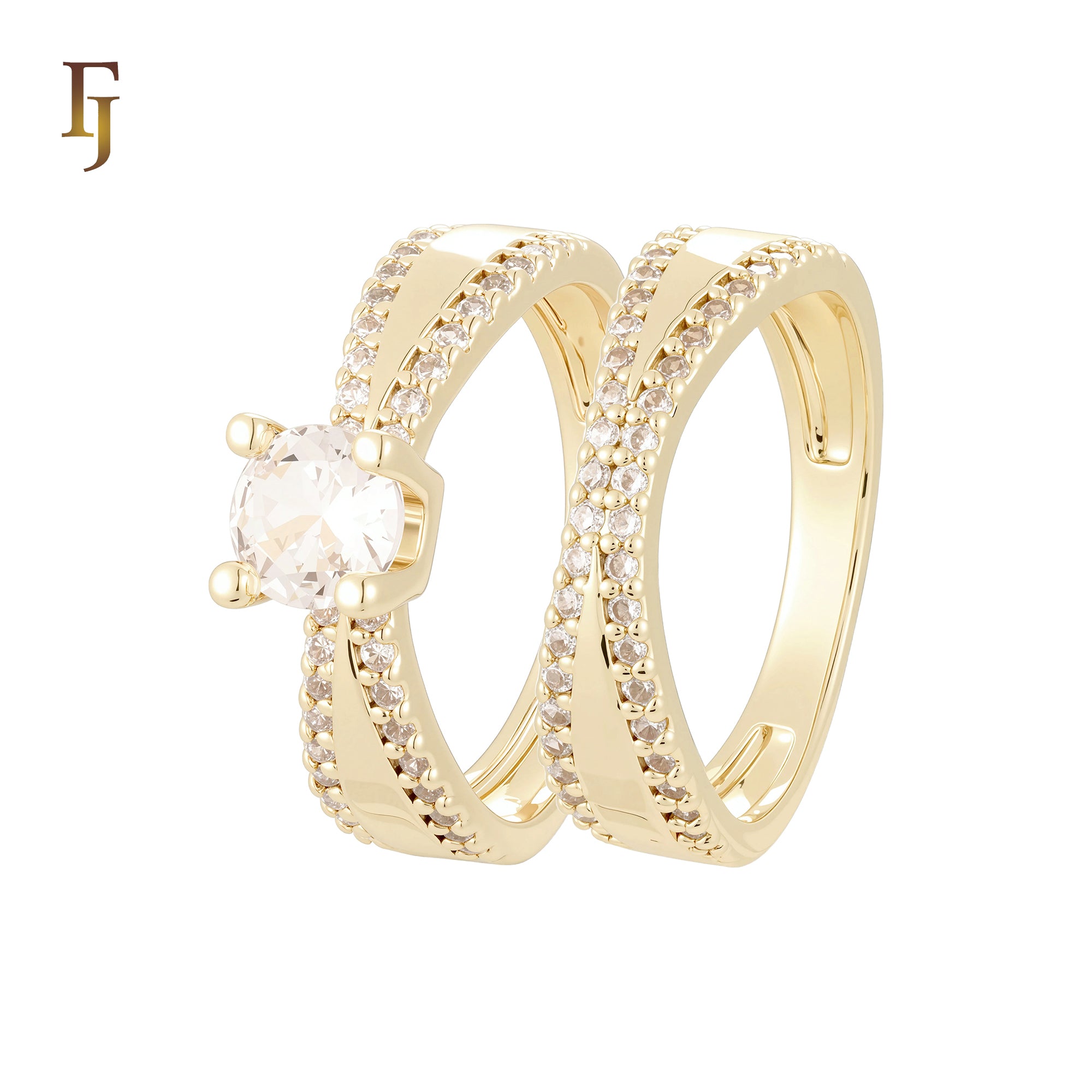 Double Cross Paved white CZs 14K Gold, Rose Gold Wedding Set Rings