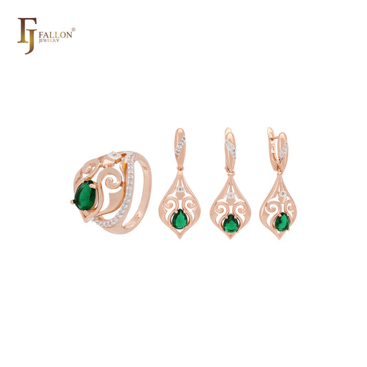 Luxurious pattern of Emerald CZ Rose Gold two tone Jewelry Set with Rings and Pendant