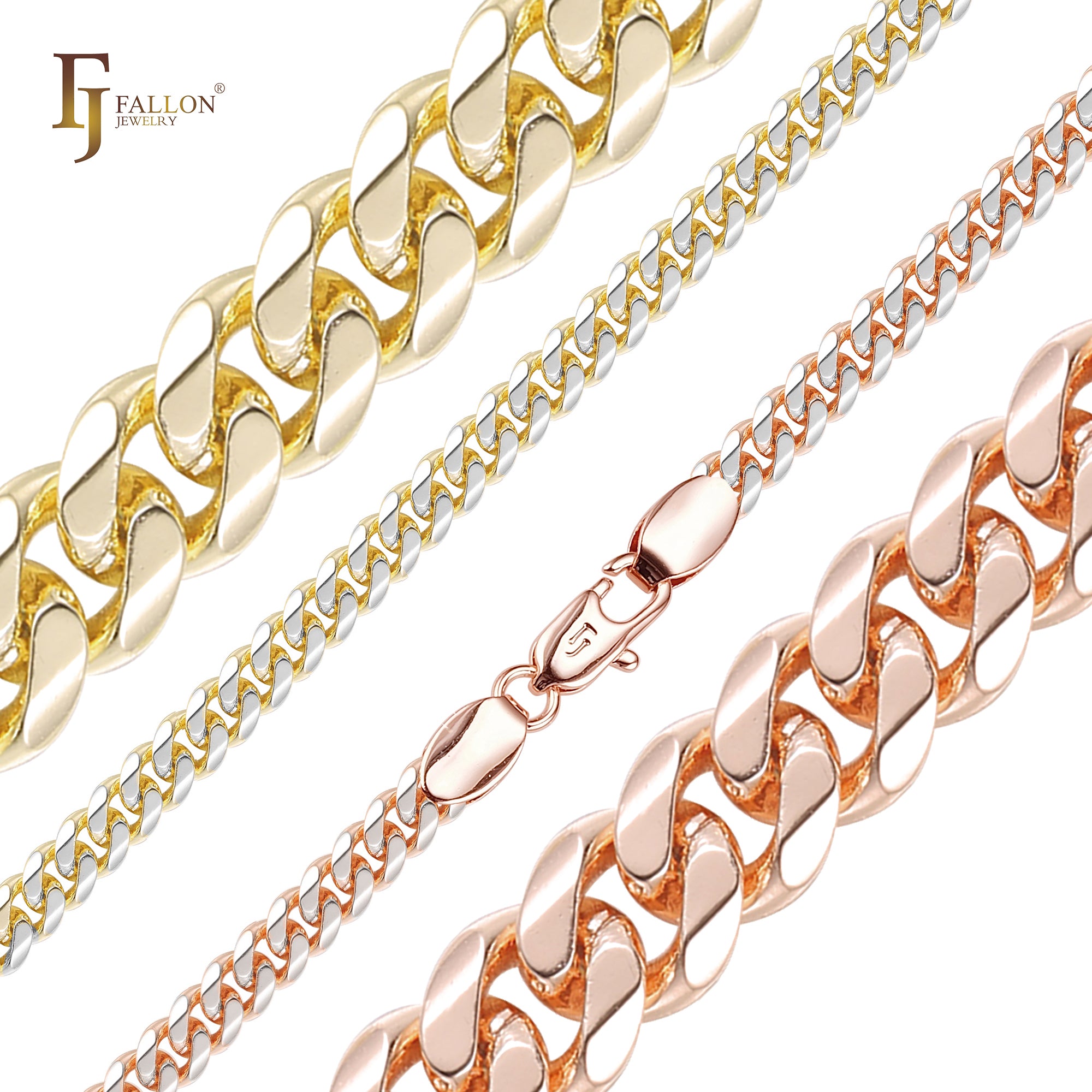 Cadenas de superficie aplanada con flancos redondeados y eslabones cubanos estilo clásico de Miami chapadas en oro de 14 quilates, oro rosa RFSF
