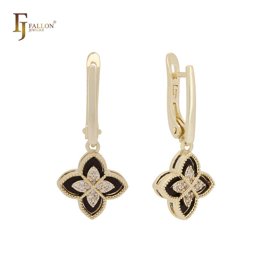 🔥 Black and white layered clover 14K Gold, Rose Gold Russian Lock Earrings