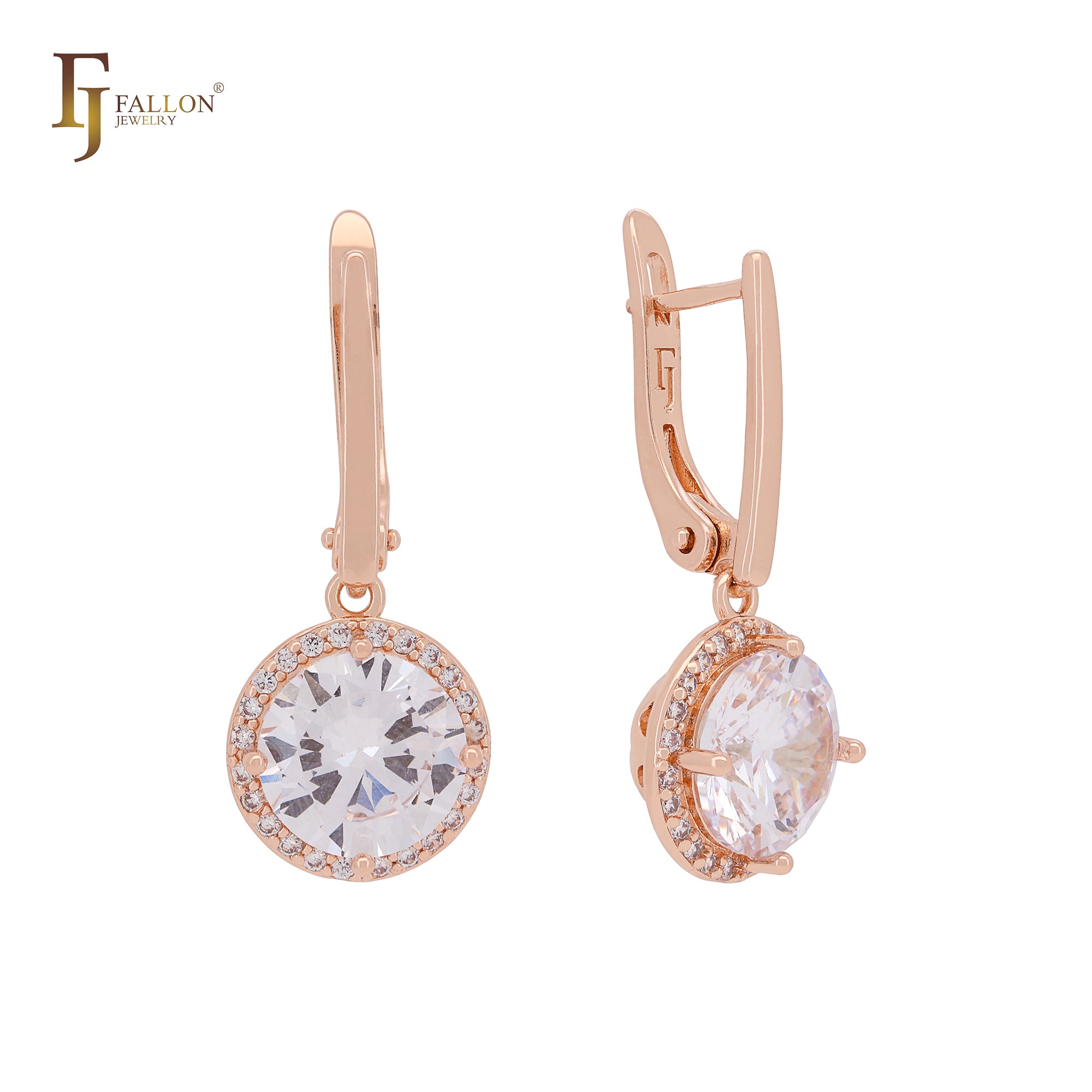 Halo Giant Rounded White Solitaire CZ Rose Gold two tone Russian Lock Earrings