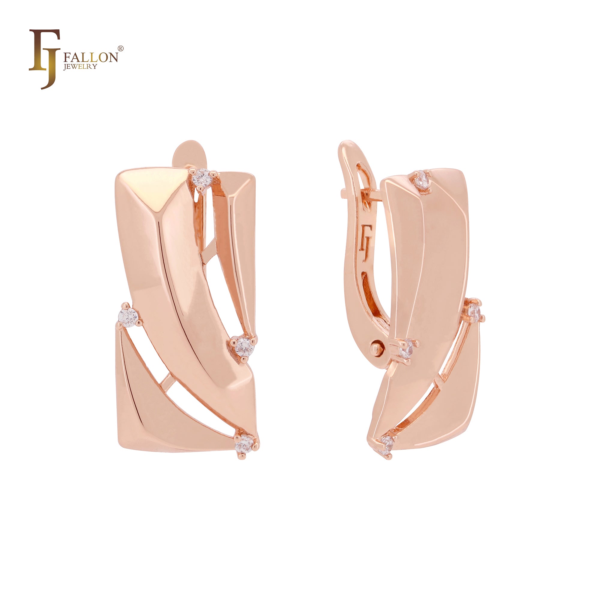 Squared window of white CZs Rose Gold Russian Lock Earrings