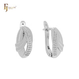 Ribbons overlapped cluster white CZs 14K Gold, Rose Gold two tone Russian Lock Earrings