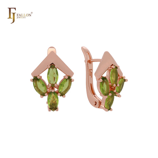 Blooming Olive Green cluster CZs Rose Gold Russian Lock Earrings