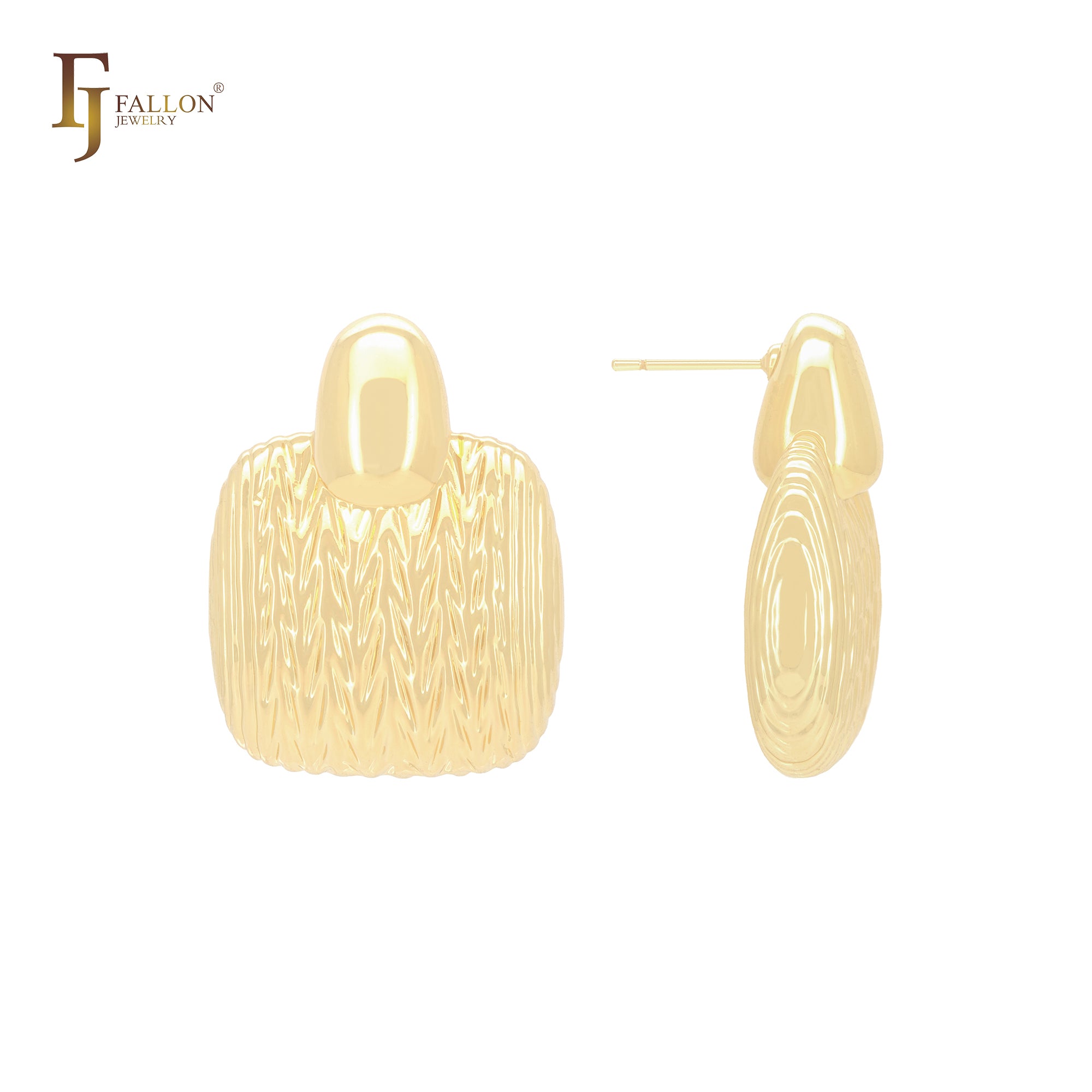 Brincos de pino em formato de cadeado texturizado com franjas de trigo e camadas em ouro 14K, ouro rosa e ouro branco