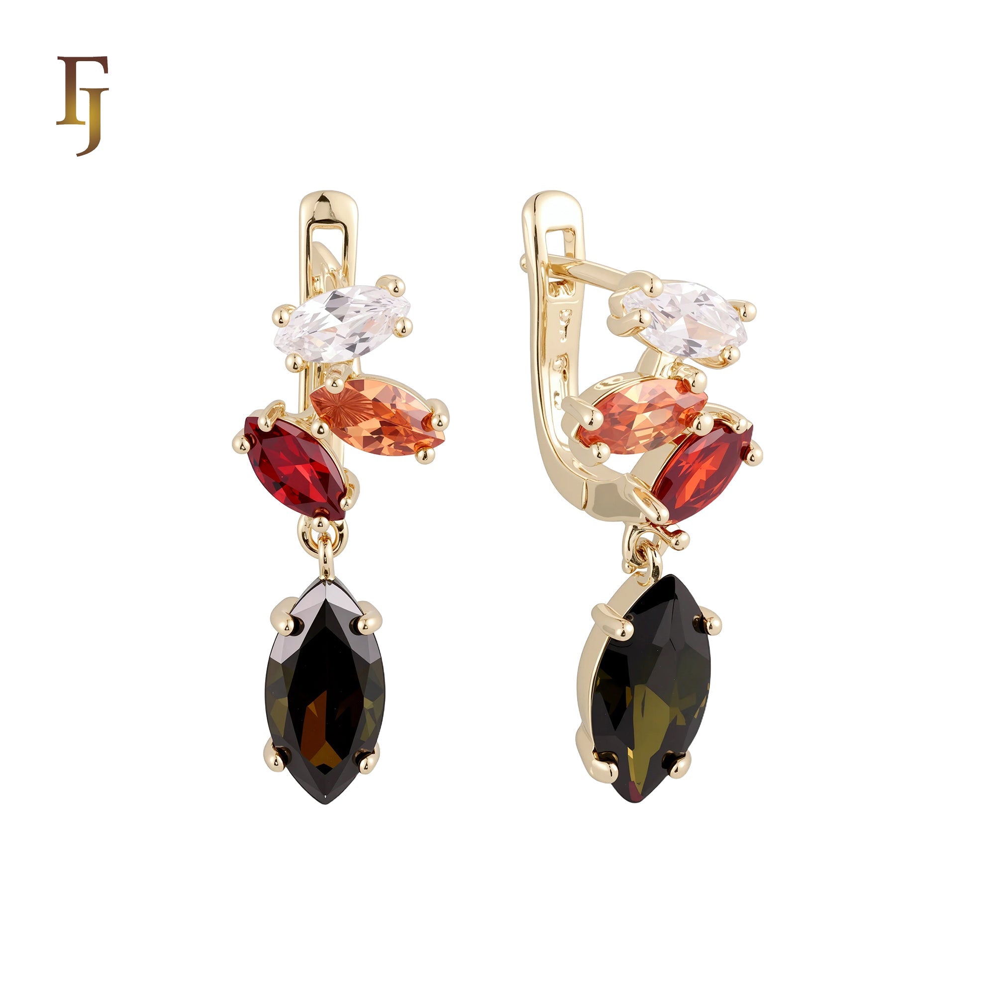 Cluster CZs 14K Gold Russian Lock Earrings