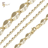 Sunburst and lace Sequin chains plated in 14K Gold, Rose Gold, two tone
