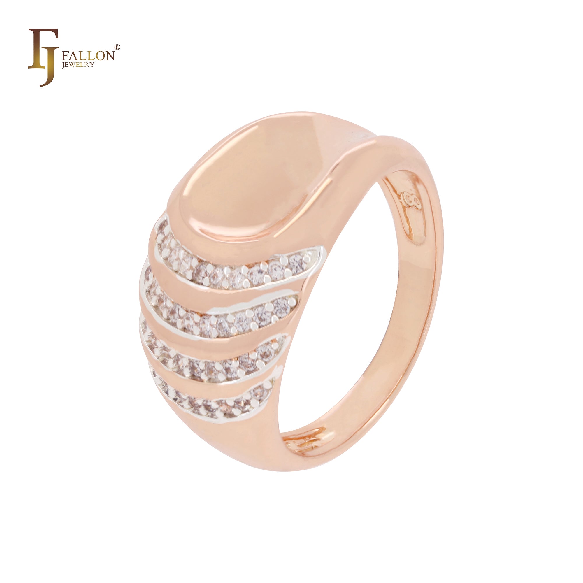 Anéis de moda em dois tons de ouro rosa com três fileiras de zircônias cúbicas brancas