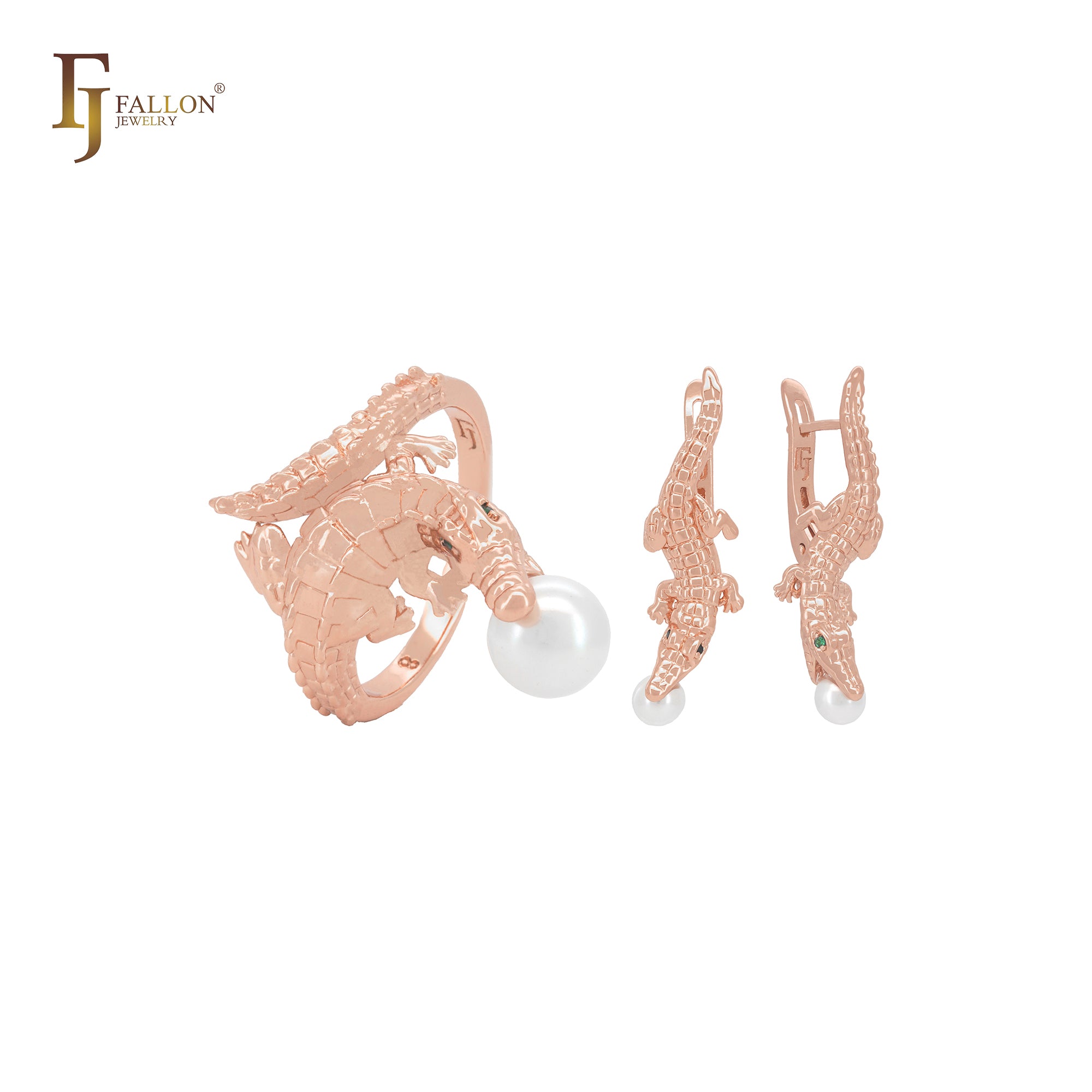 Mode Krokodil mit grünen CZs Rose Gold Schmuck Set mit Ringen
