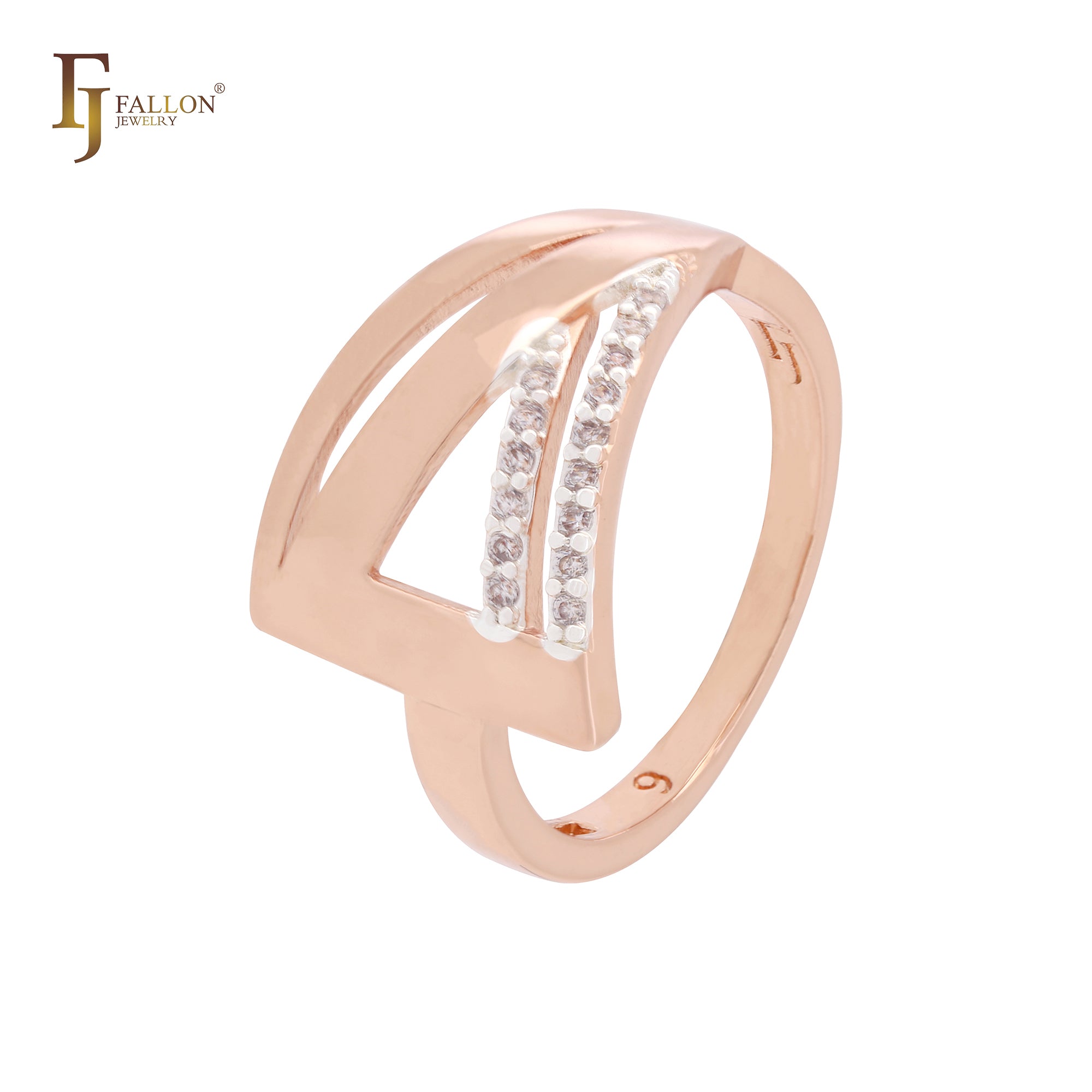 Anillos de moda geométricos triangulares con circonitas blancas en oro rosa de dos tonos