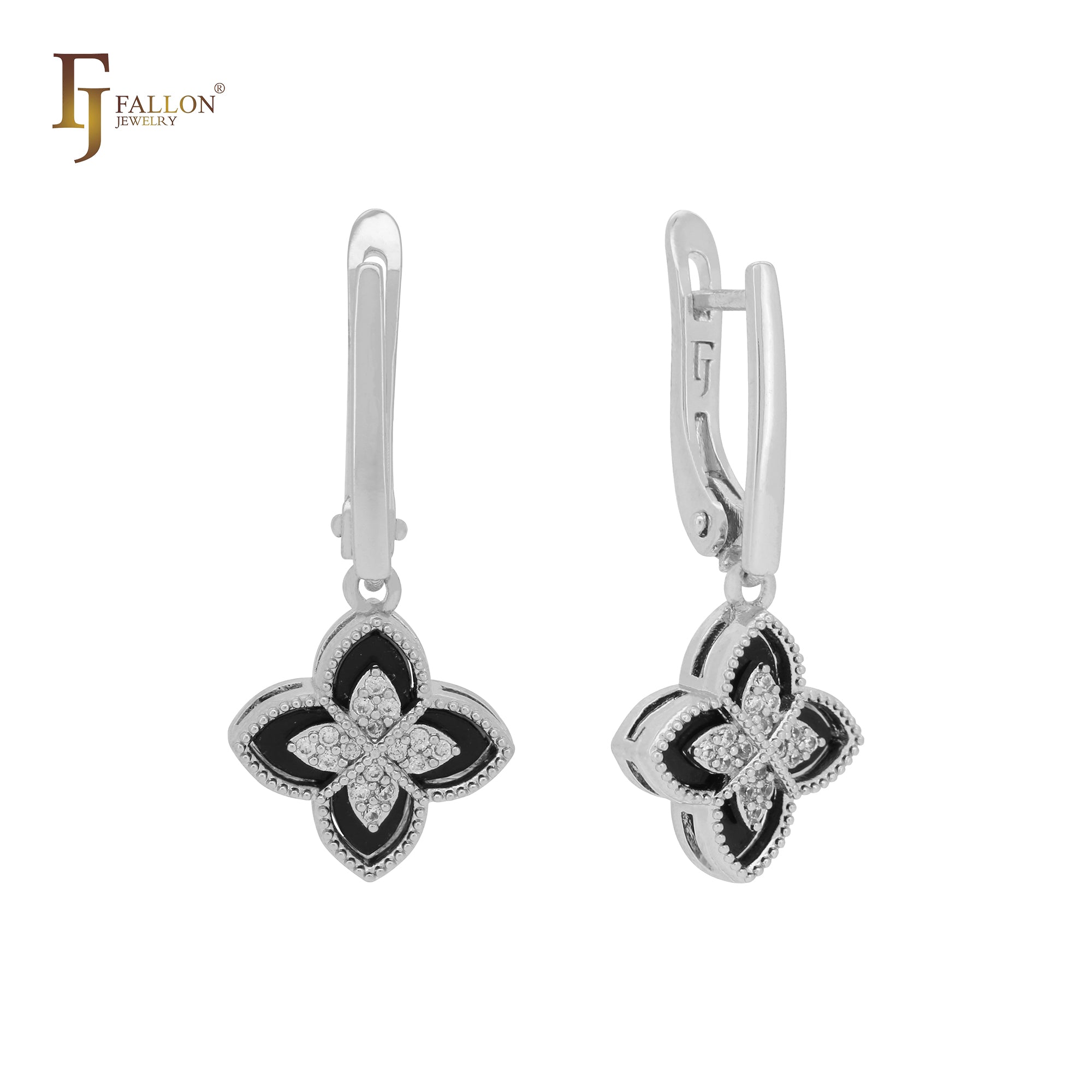 🔥 Black and white layered clover 14K Gold, Rose Gold Russian Lock Earrings