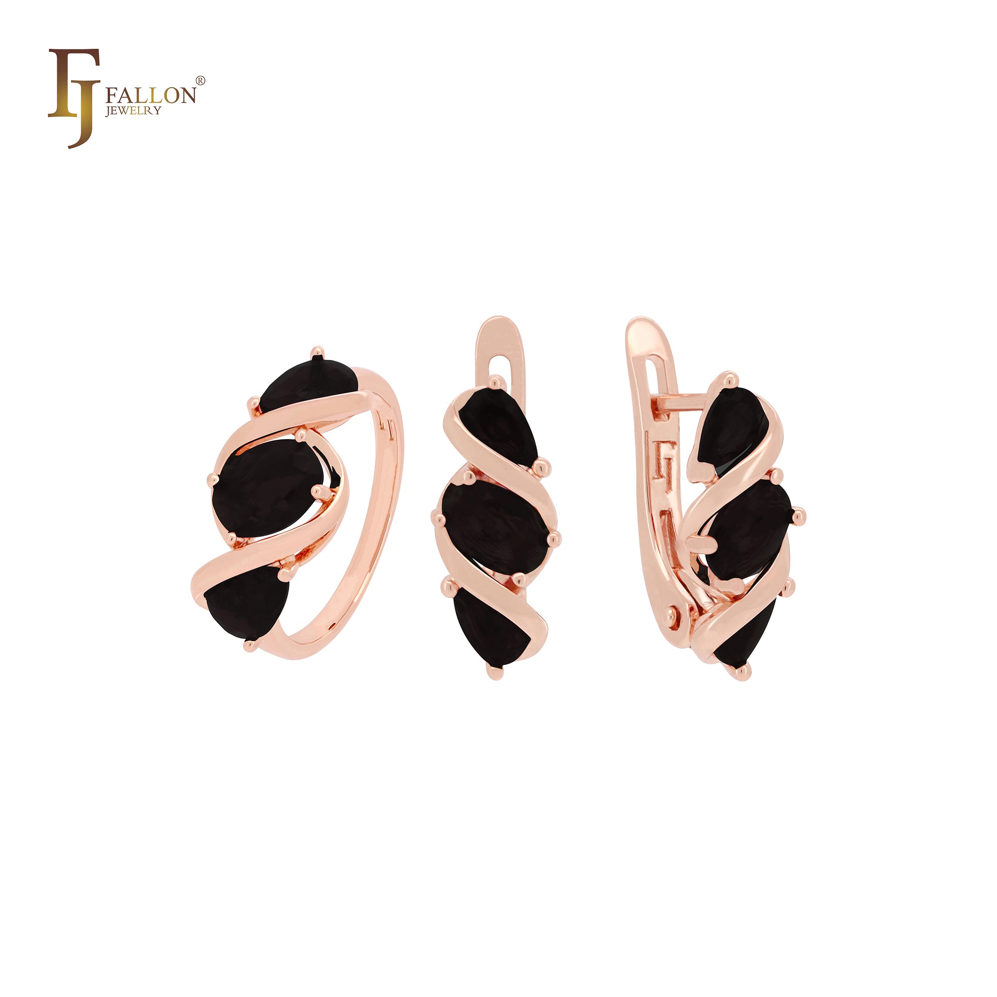 Conjunto de joias de ouro rosa com zircônias cúbicas coloridas e anéis triplos