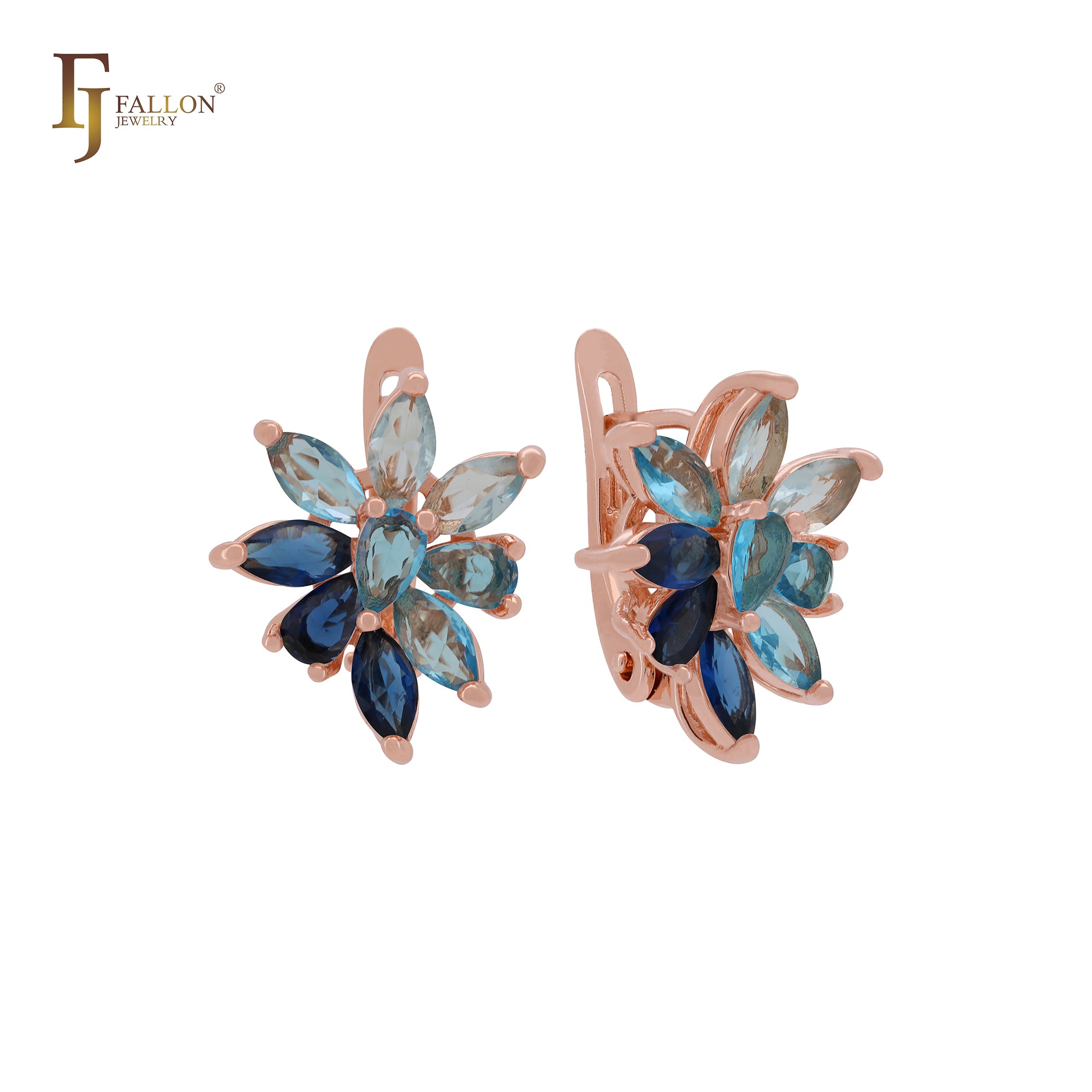 Cluster luxurious flower of marquise white or blue CZs sparkling Rose Gold Russian Lock Earrings