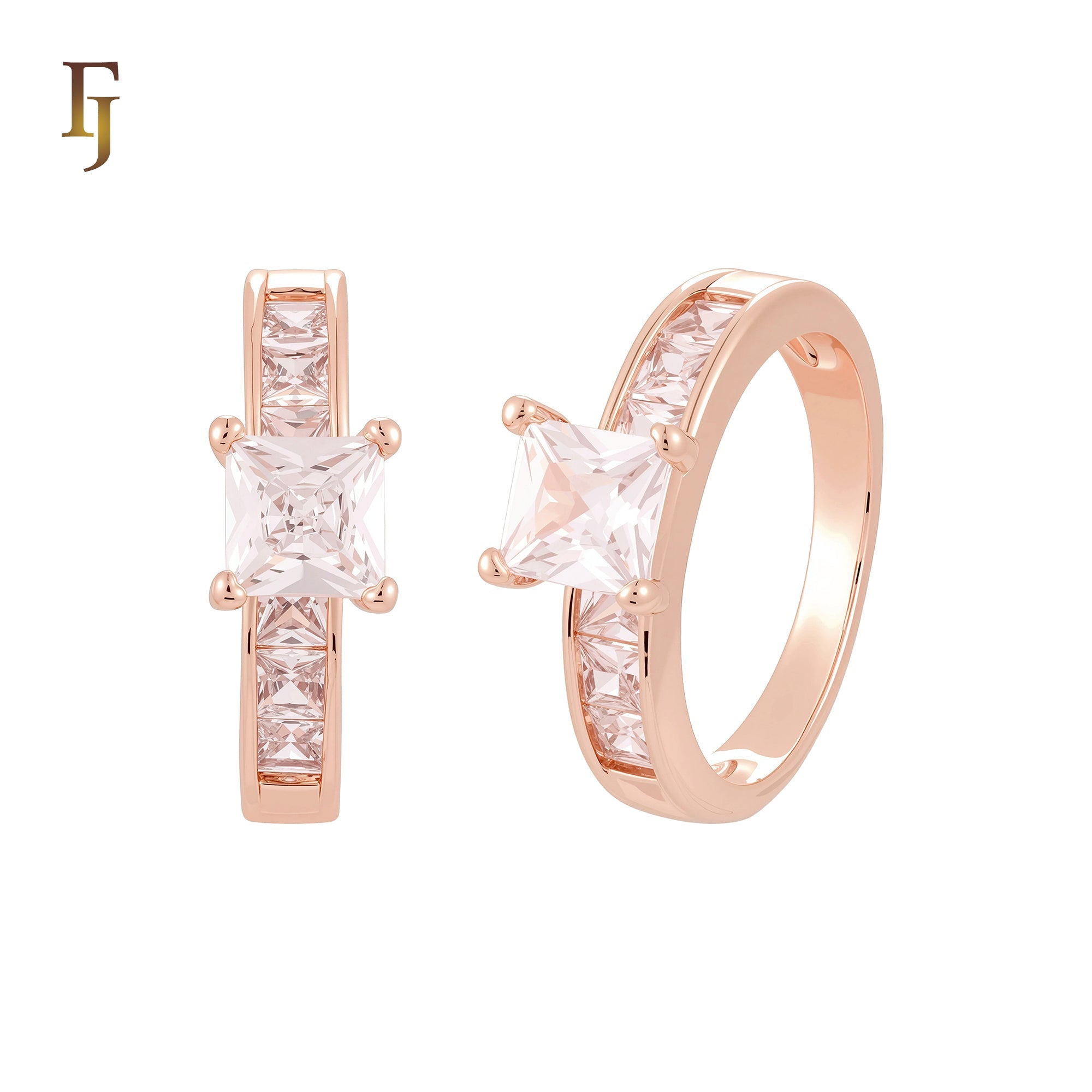 Squared Cluster Baguette White CZs 14K Gold, Rose Gold Wedding Set Rings