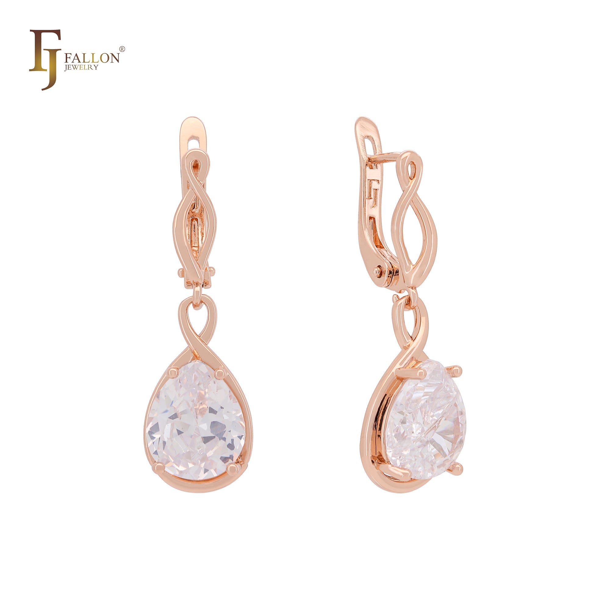 Infinity teardrop white CZ drop Rose Gold Russian Lock Earrings