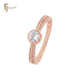 Anillo de compromiso solitario de eternidad con doble pavé de circonitas blancas en oro rosa