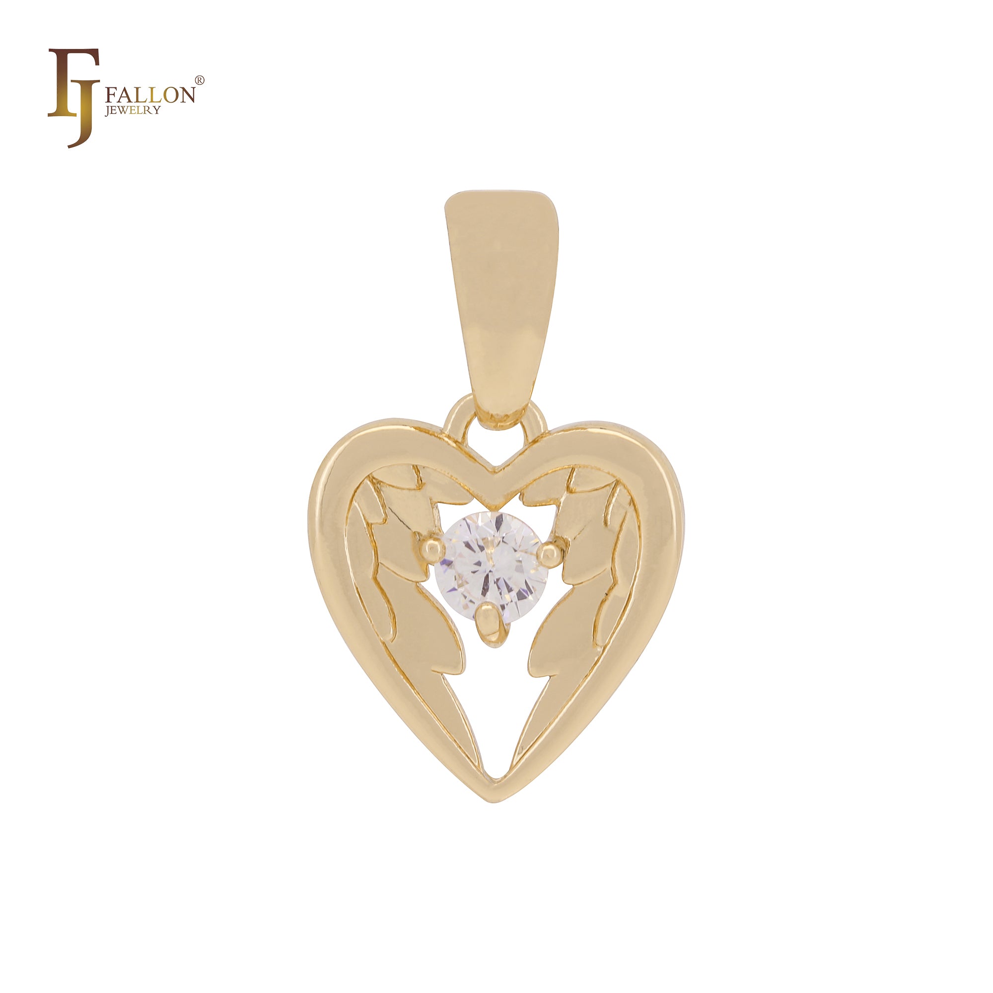 Colgante de moda en oro rosa con circonitas blancas y alas de ángel en forma de corazón