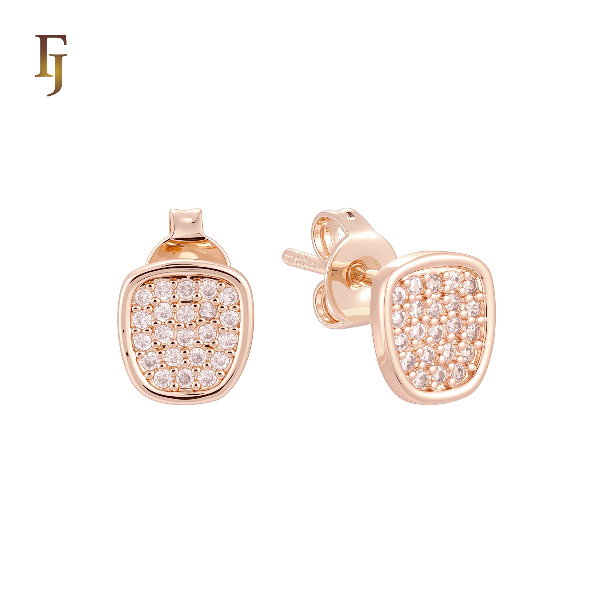 Irregular shaped rounded white czs paved 14K Gold Stud Earrings