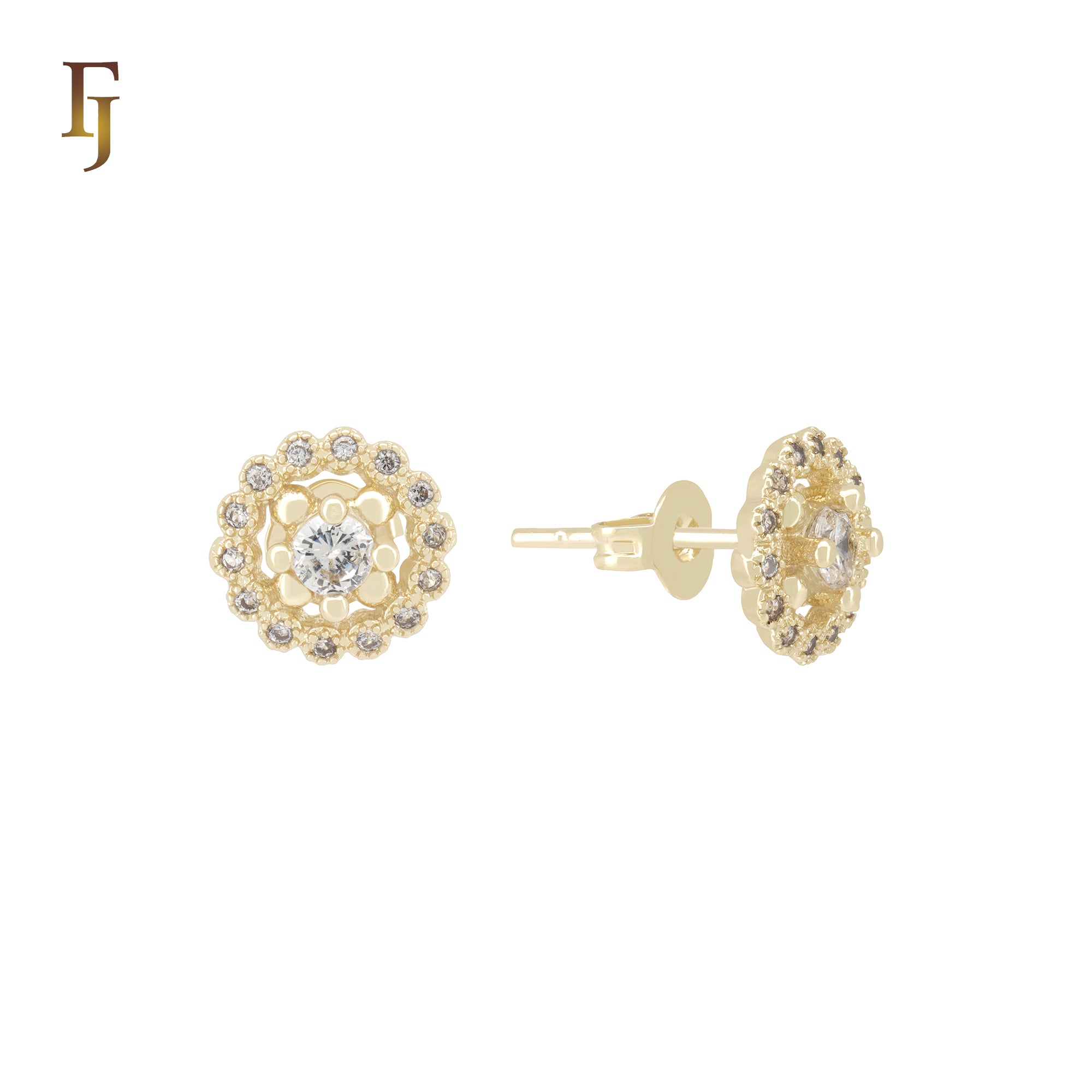 Sunflower Halo white CZs 14K Gold Stud Earrings
