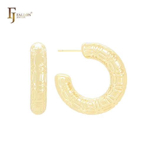 Ohrstecker mit quadratischer, strukturierter Form und abgerundeter Röhre, C-Creolen, 14 Karat Gold, Roségold, Weißgold