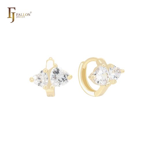 双心白色 CZ 14K 金耳环 Huggies