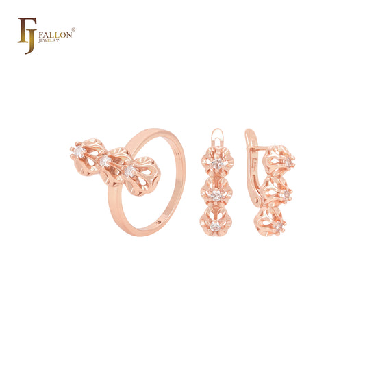 Conjunto de joias de ouro rosa com zircônias cúbicas brancas e três garras e anéis