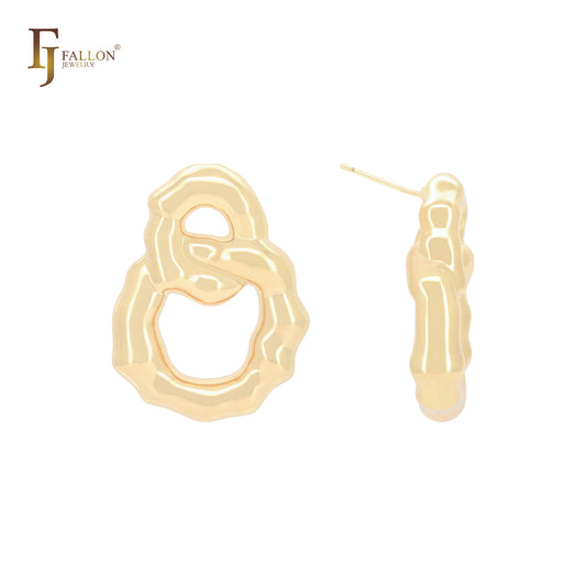 Pendientes de oro de 14 quilates, oro rosa y oro blanco con forma irregular de huesos entrelazados.