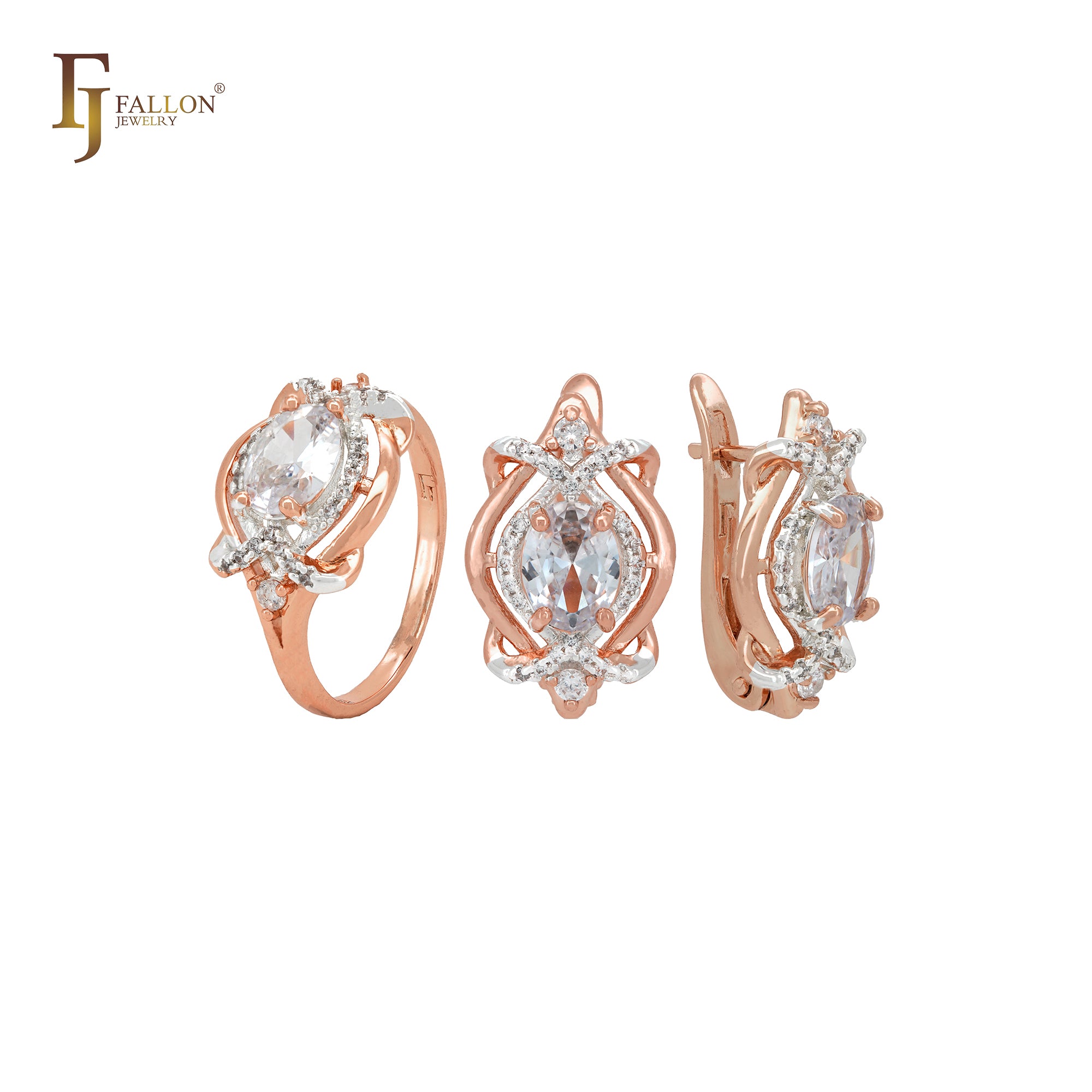 Luxuriöses ineinandergreifendes Schmuckset aus Roségold mit Zirkonia und Ringen