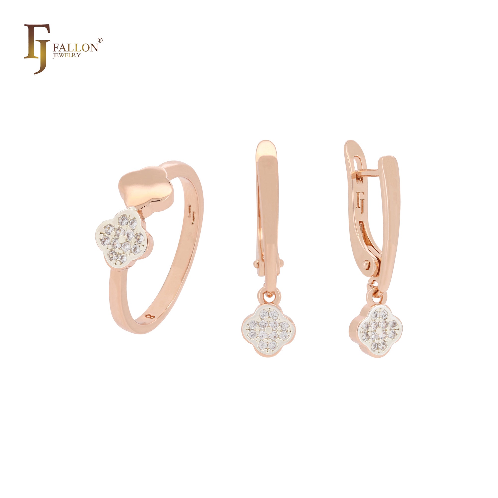 Double Clover Rose Gold Jewelry Set with Rings